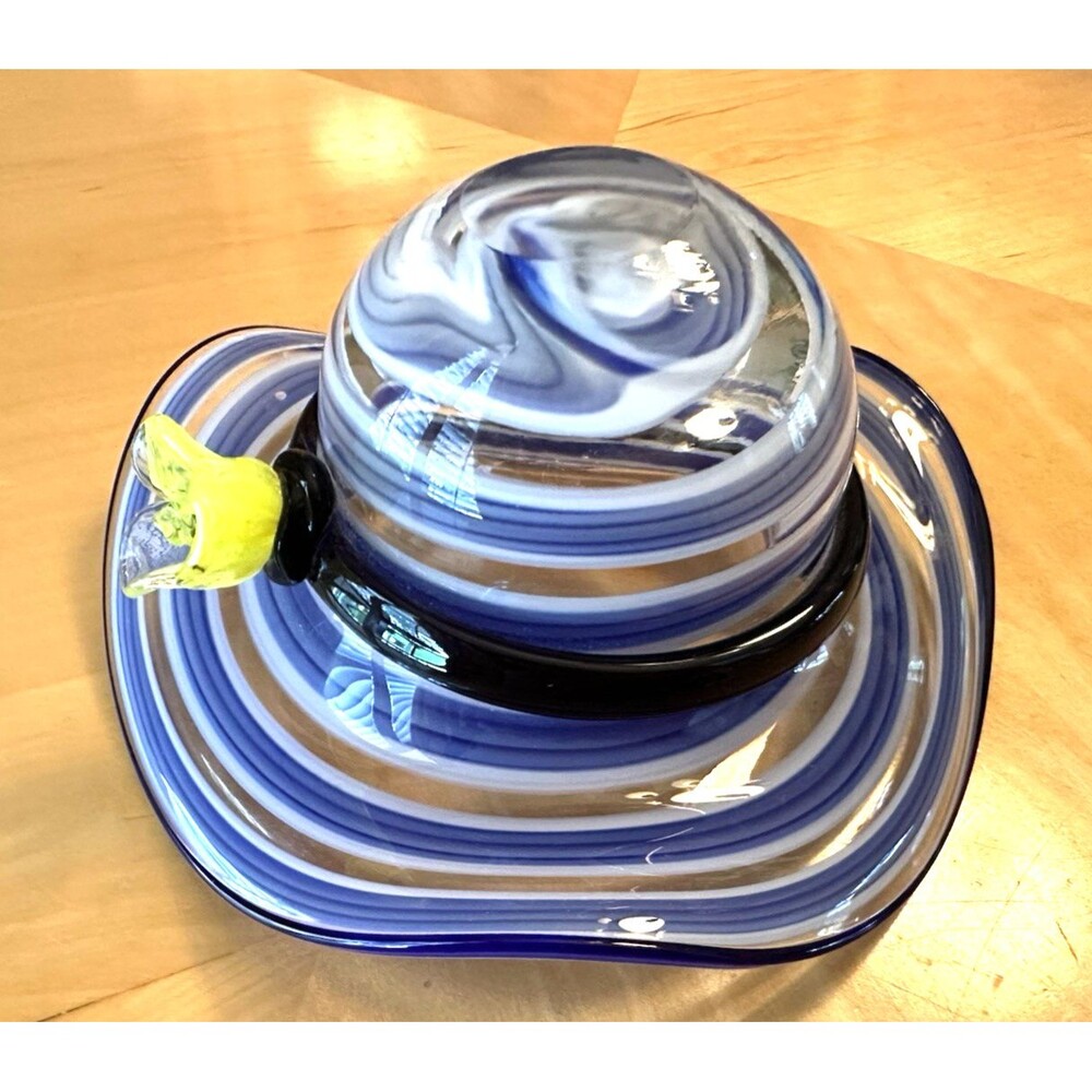 BLUE COLBAT BLOCK CRYSTAL BOWL EMMA HAT STRIPED ART SCULPTURE GLASS 7 3/4” X 4”
